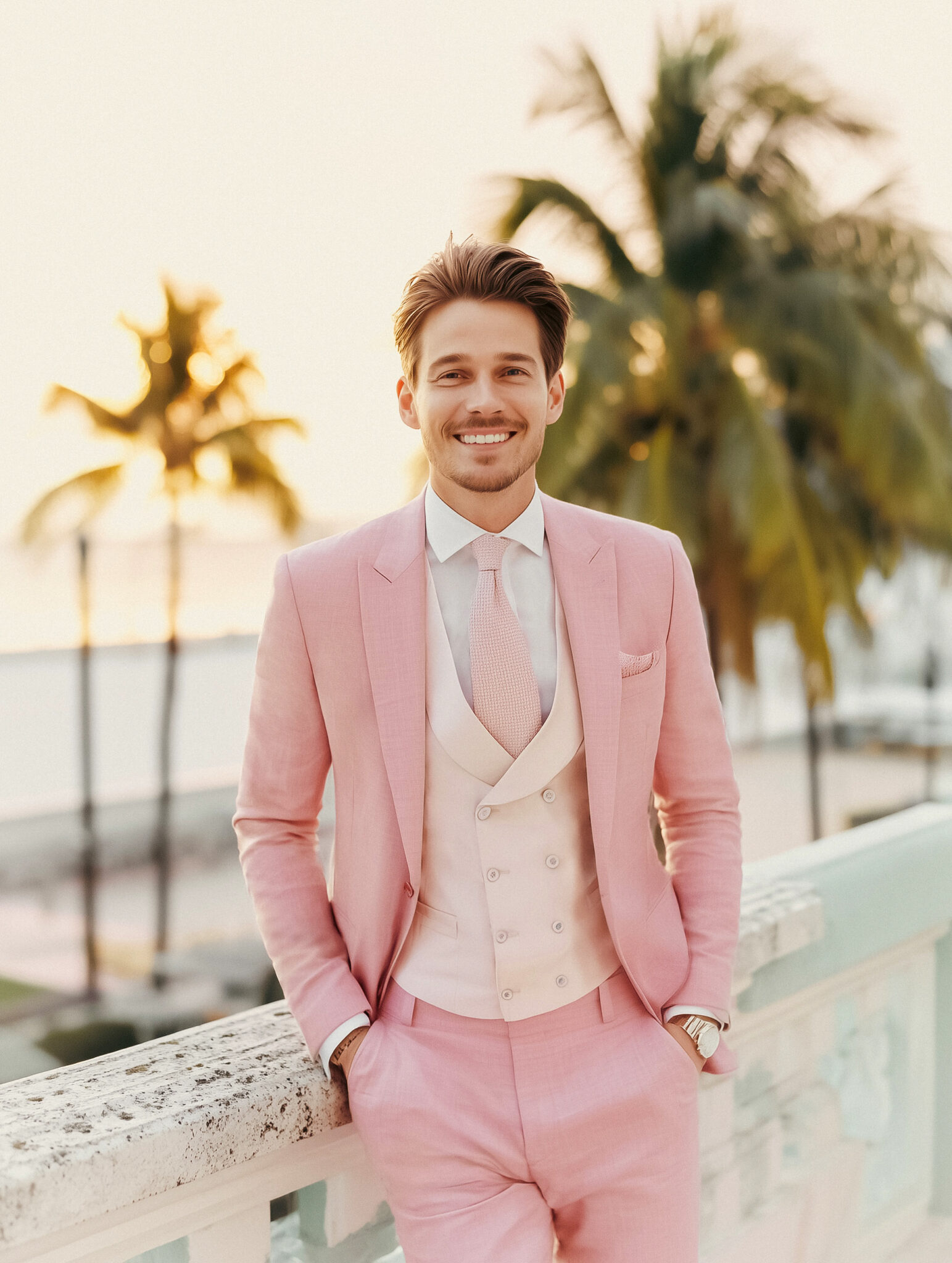 Homme en costume 3 pièces rose clair avec gilet beige sur fond palmier.
