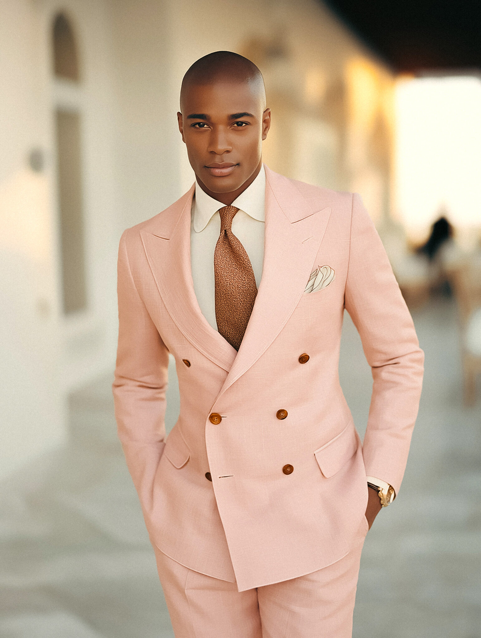 Homme en costume croisé rose poudré sur terrasse d’hôtel à Miami.