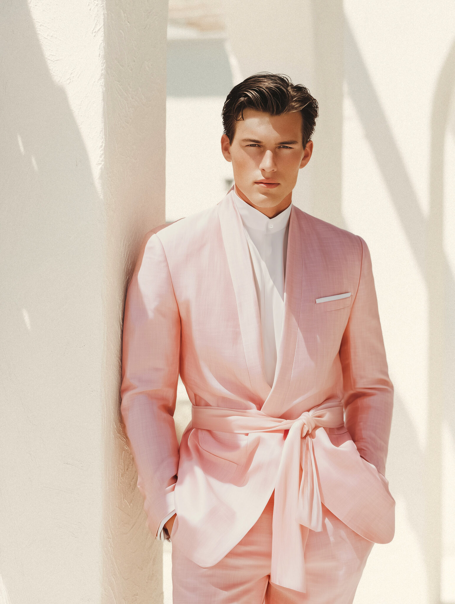 Homme en costume kimono rose dans hall lumineux d’hôtel à Miami.