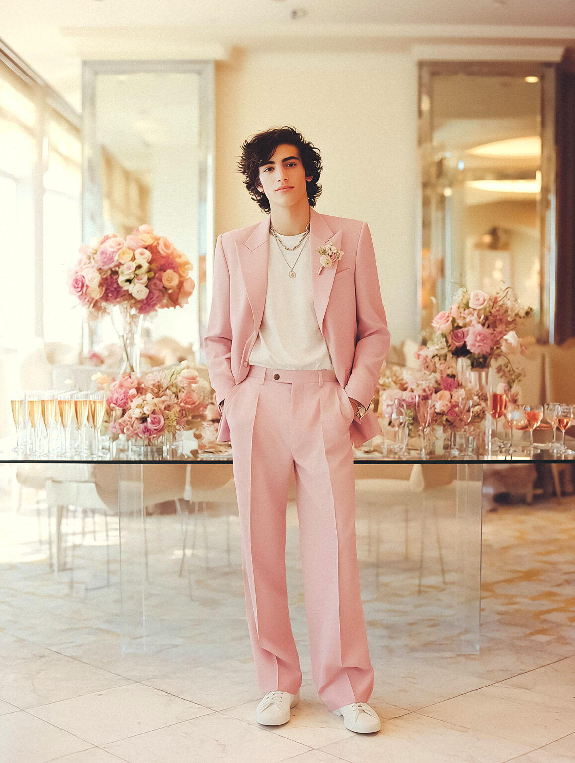 Homme en costume oversize rose dans salon lumineux de mariage à Miami.