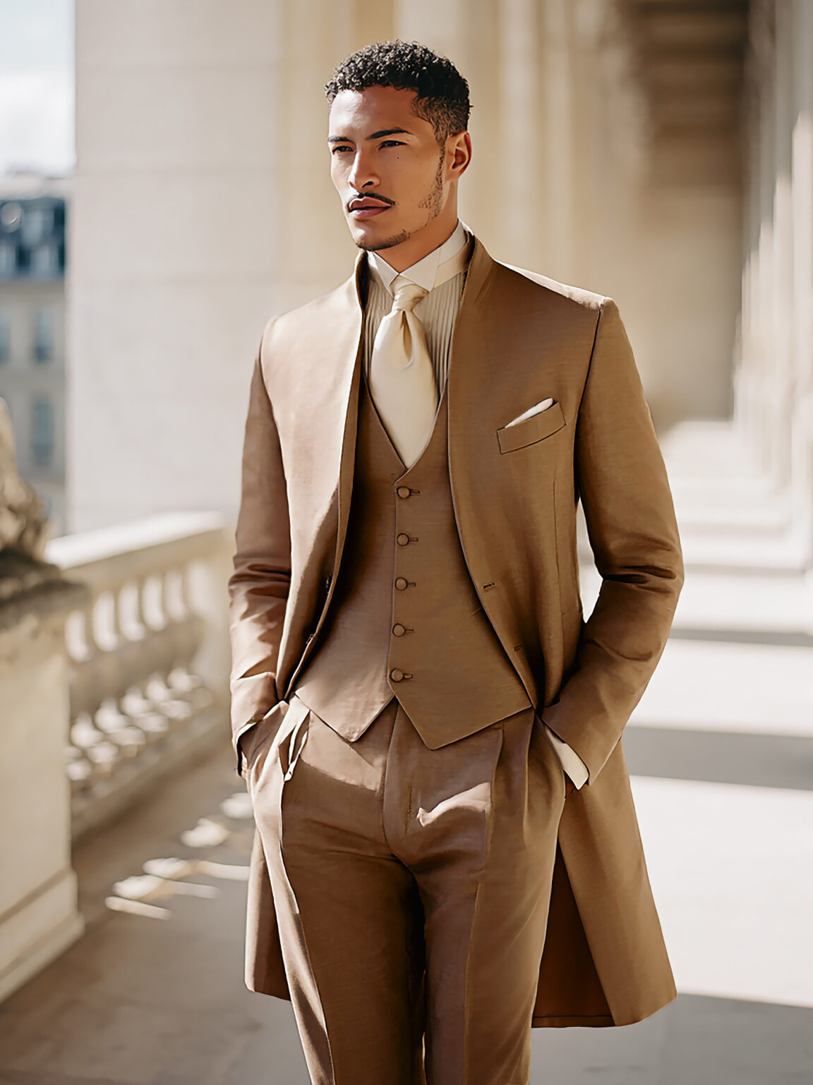 costume redingote col officier marron argile sur mesure Chris von Martial