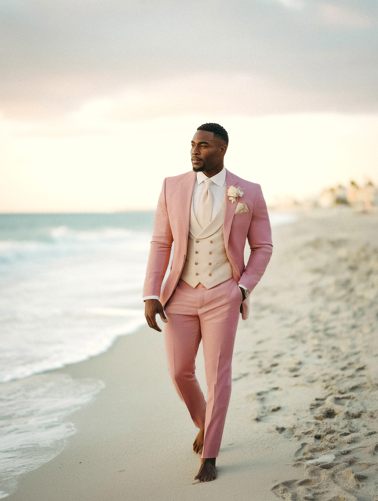 Homme en costume rose clair et gilet beige marchant sur la plage.