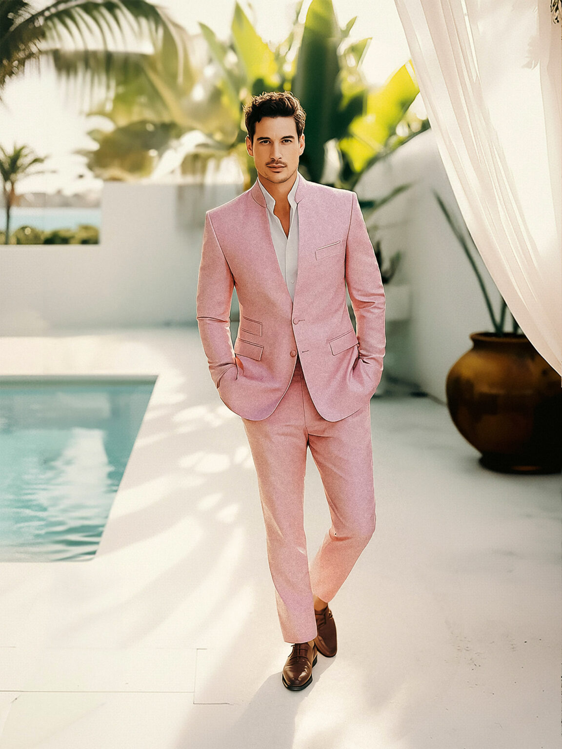Homme en costume rose col officier sur terrasse d’hôtel à Miami.