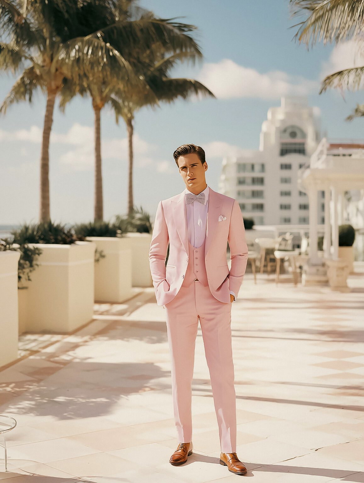 Homme en costume rose pâle sur balcon surplombant la mer.