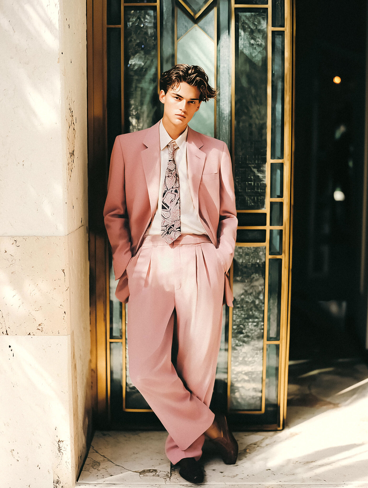 Homme en costume vintage rose poudré dans hall d’hôtel miroitant.