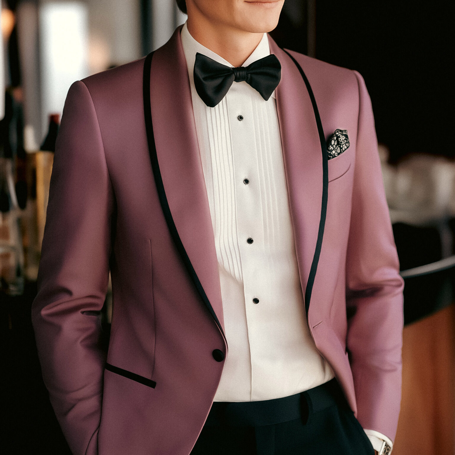Détail du col et des revers d’un smoking rose bordeaux élégant.