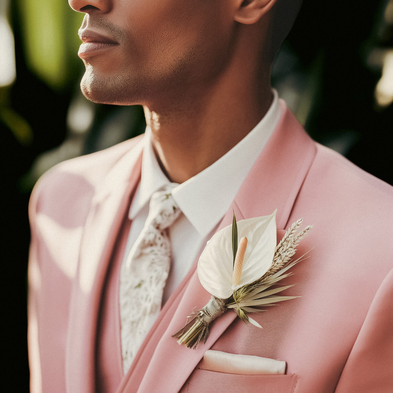 Détail de fleur et tissu rose poudré d’un costume de marié.