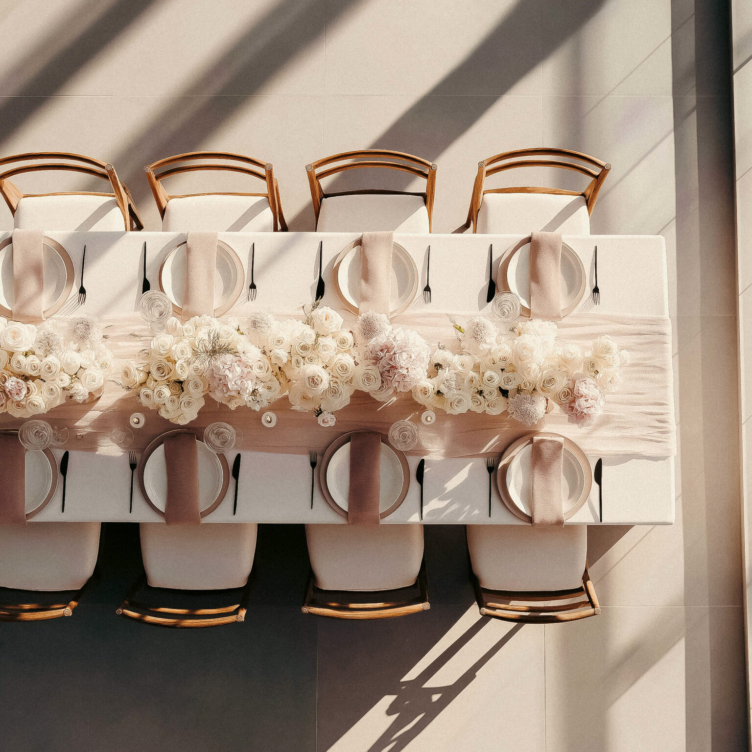 Bouquet et décoration de mariage rose pastel dans un hôtel art déco de Miami.