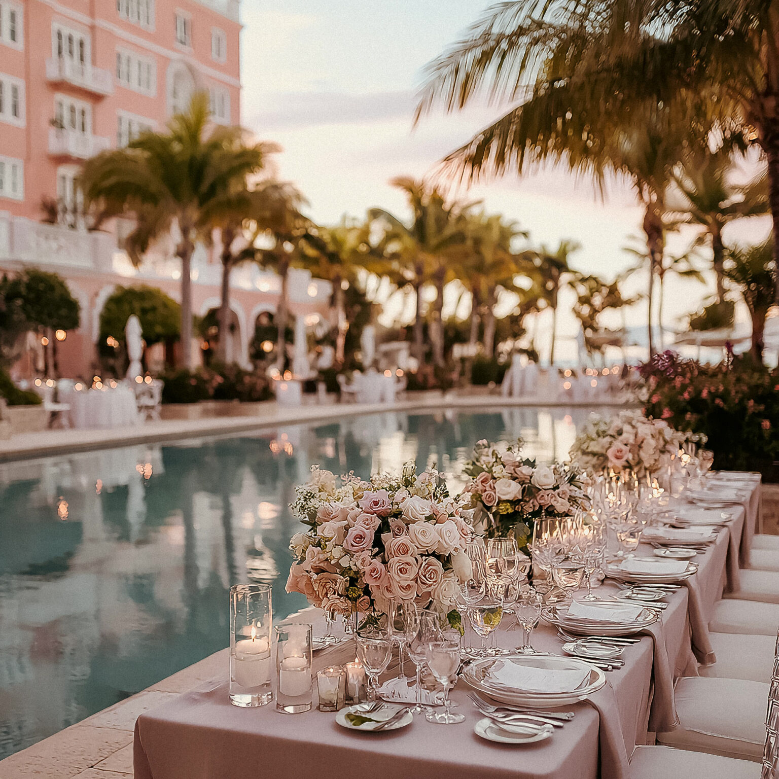 Piscine bordée de fleurs roses et palmiers lors d’un mariage à Miami Beach.