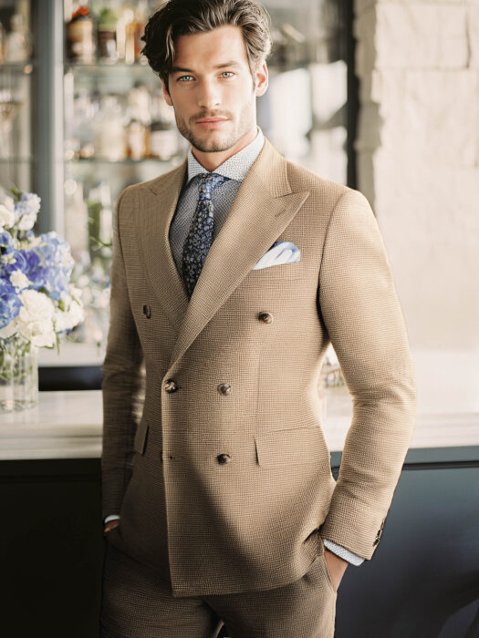 Homme portant un costume croisé marron brun clair