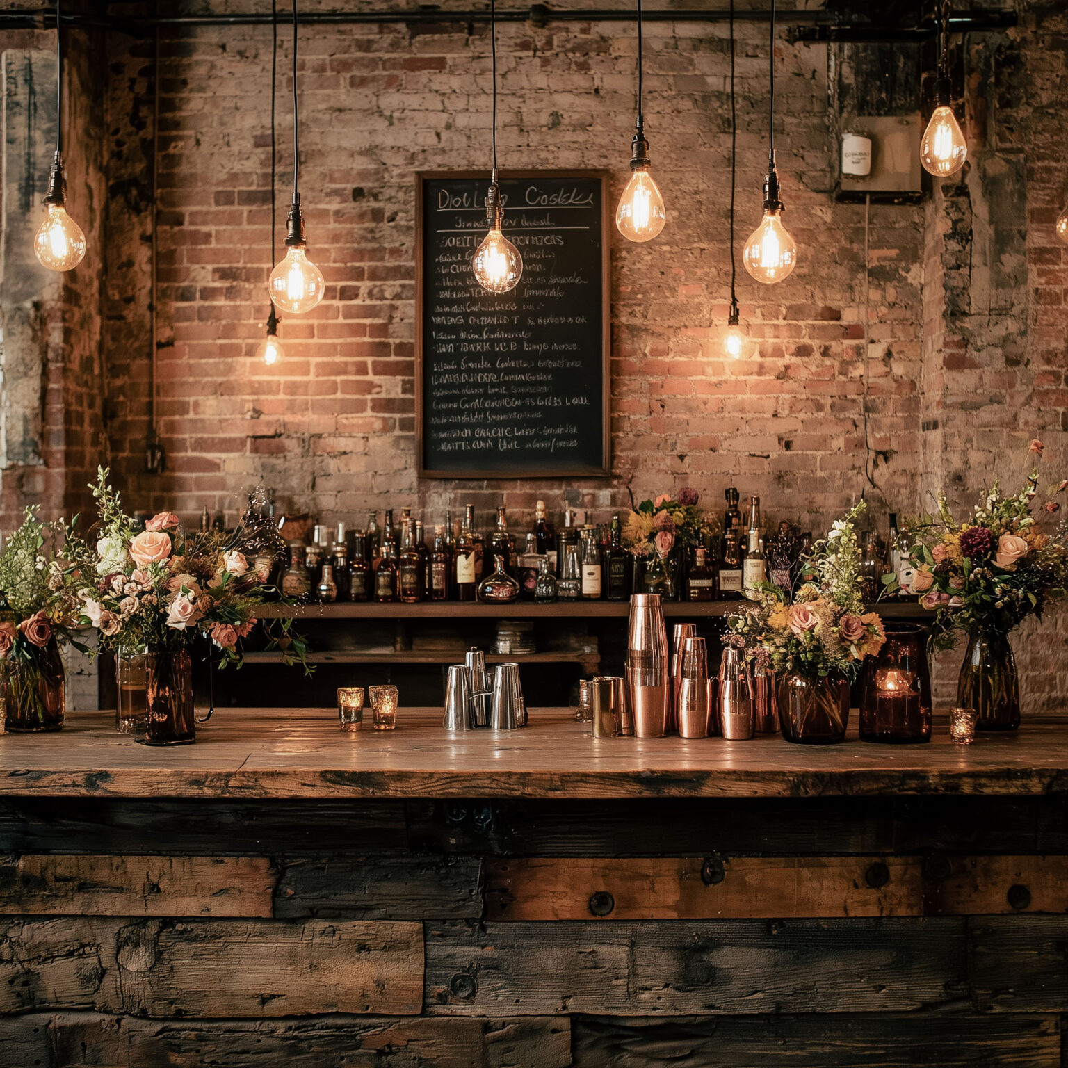 Décor de bar mariage vintage lumière tamisée.