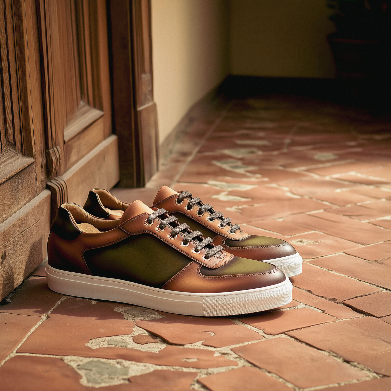 Baskets homme cognac et vert posées sur sol en pièrres.