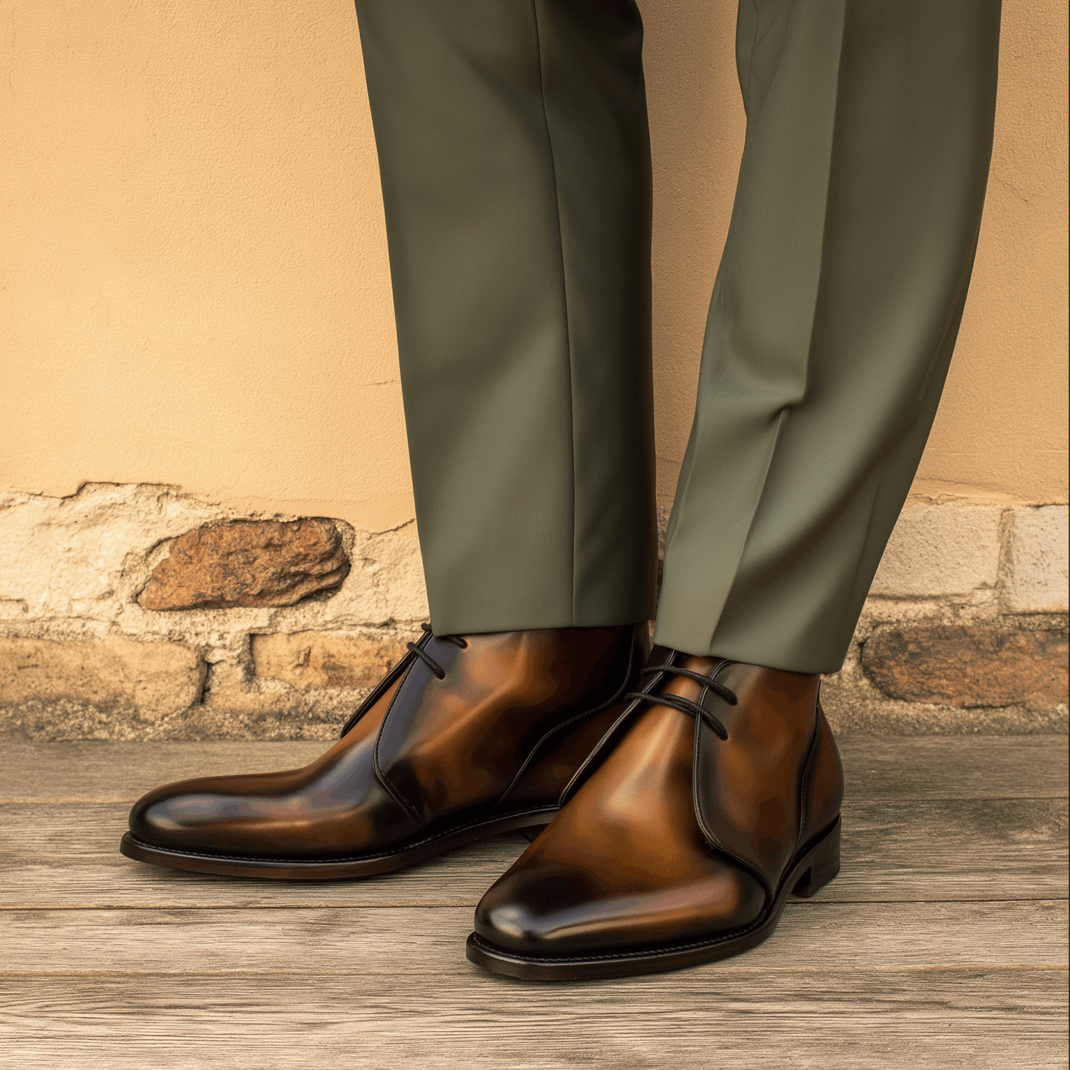 Bottines homme marron chukka portées avec un pantalon vert.