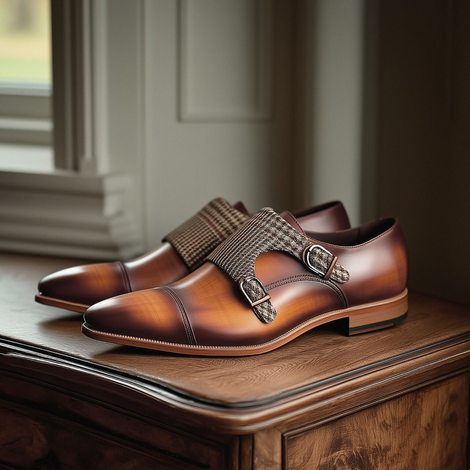 Chaussure homme cognac bi-matière forme Double Boucle - Chris von Martial