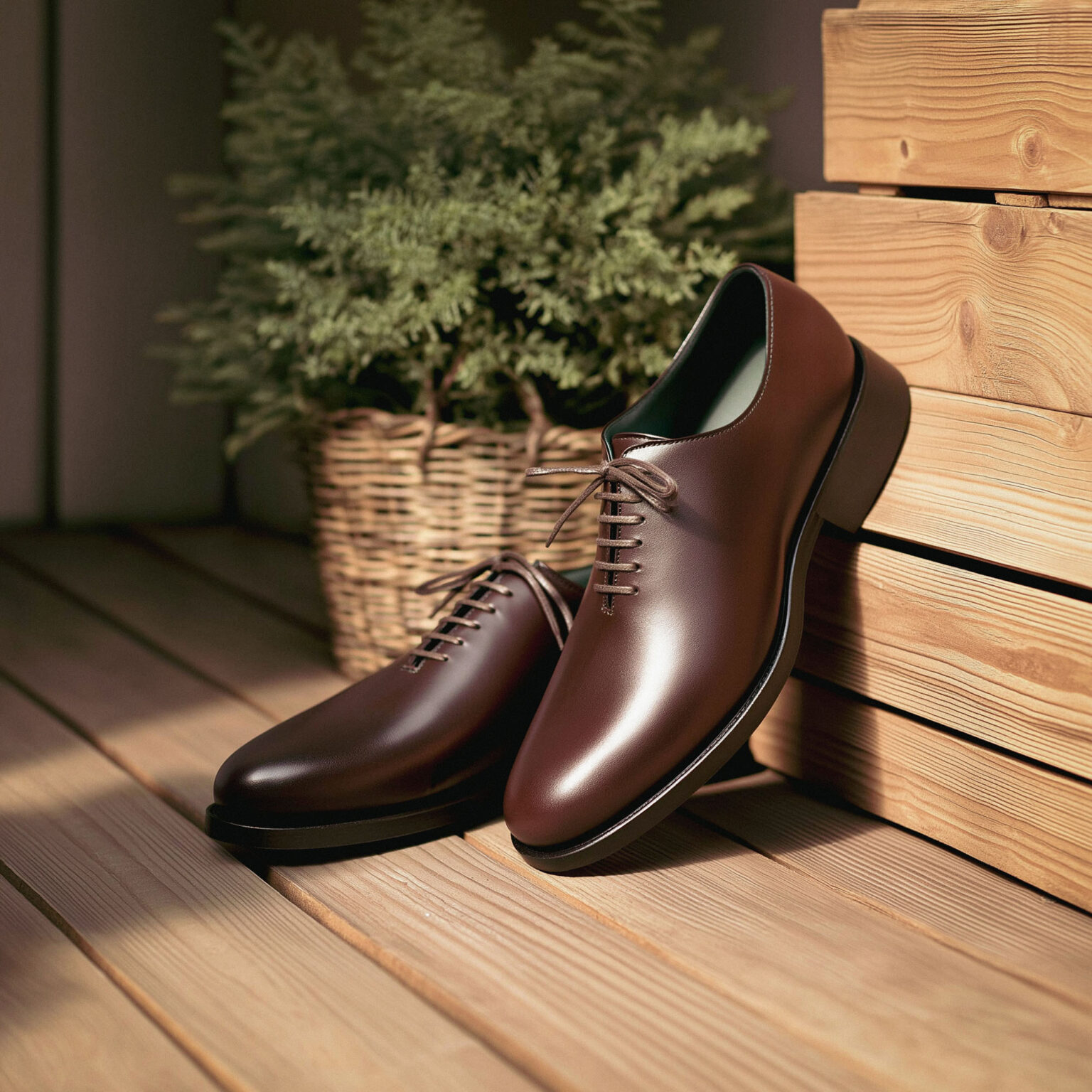 Chaussures Wholecut homme en cuir marron posées près d'un feuillage