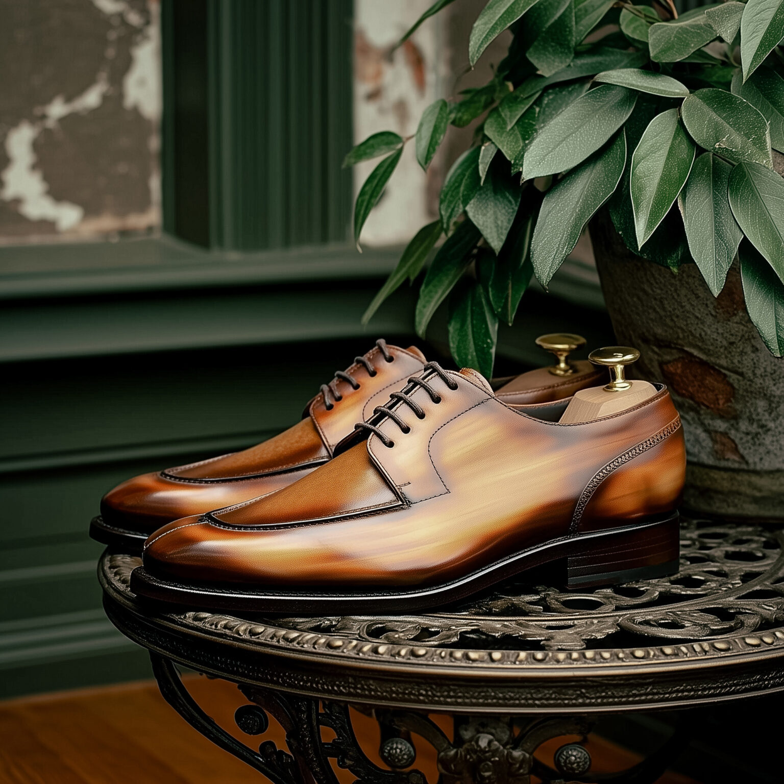 Chaussures homme cognac posées sur table.