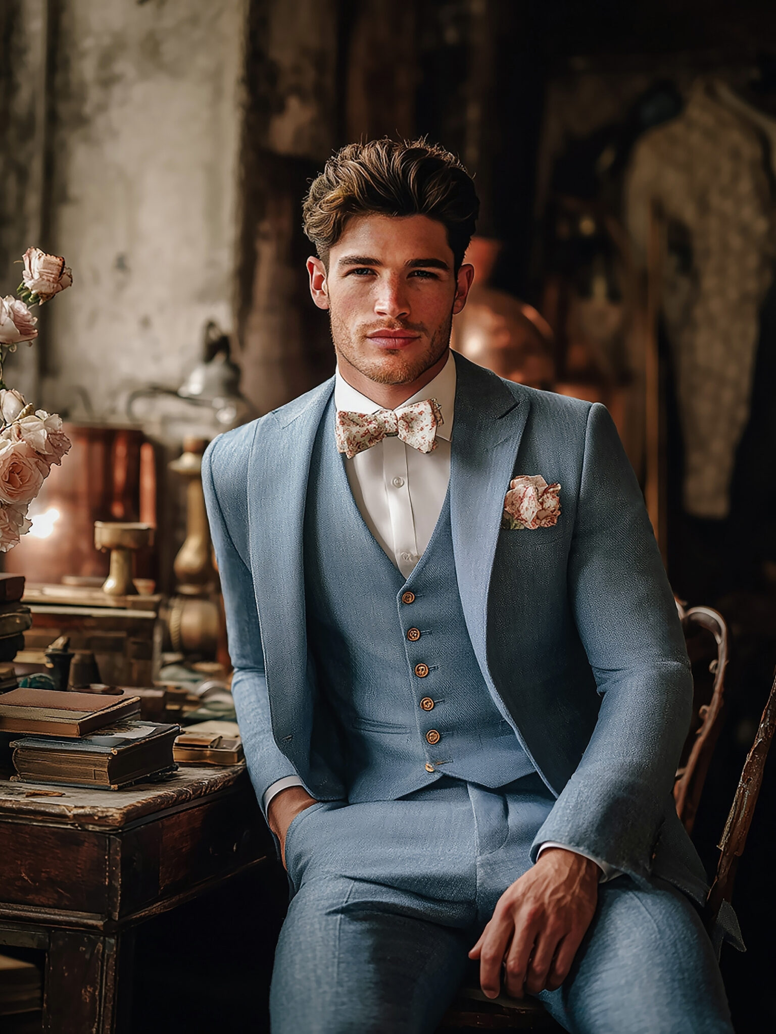 Homme en costume trois pièces bleu clair.