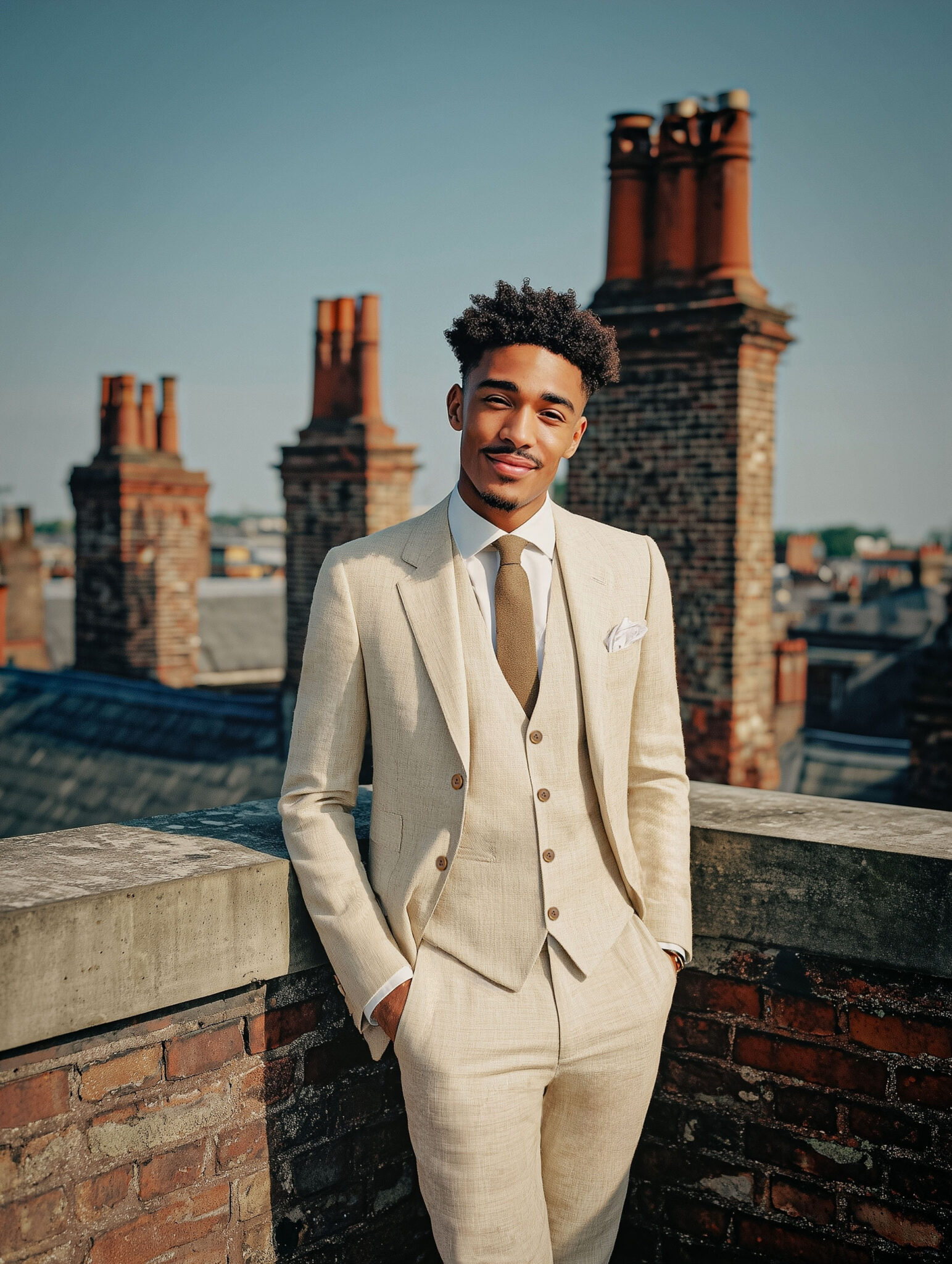 Homme en costume trois pièces beige sur rooftop.