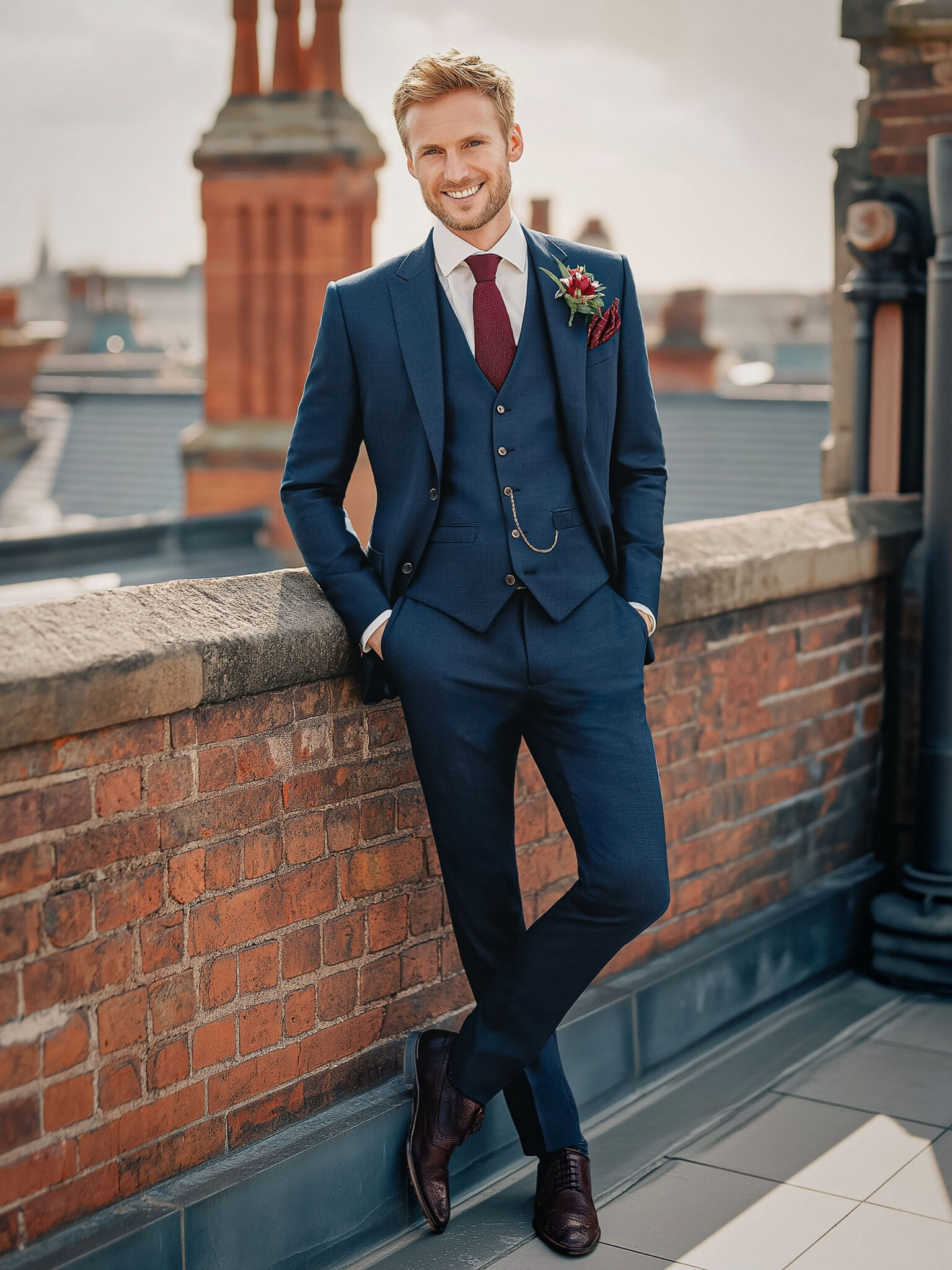 Homme en costume trois pièces bleu marine.