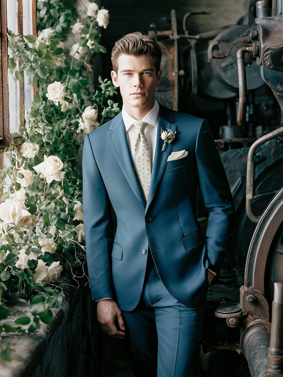 Homme en costume bleu canard.