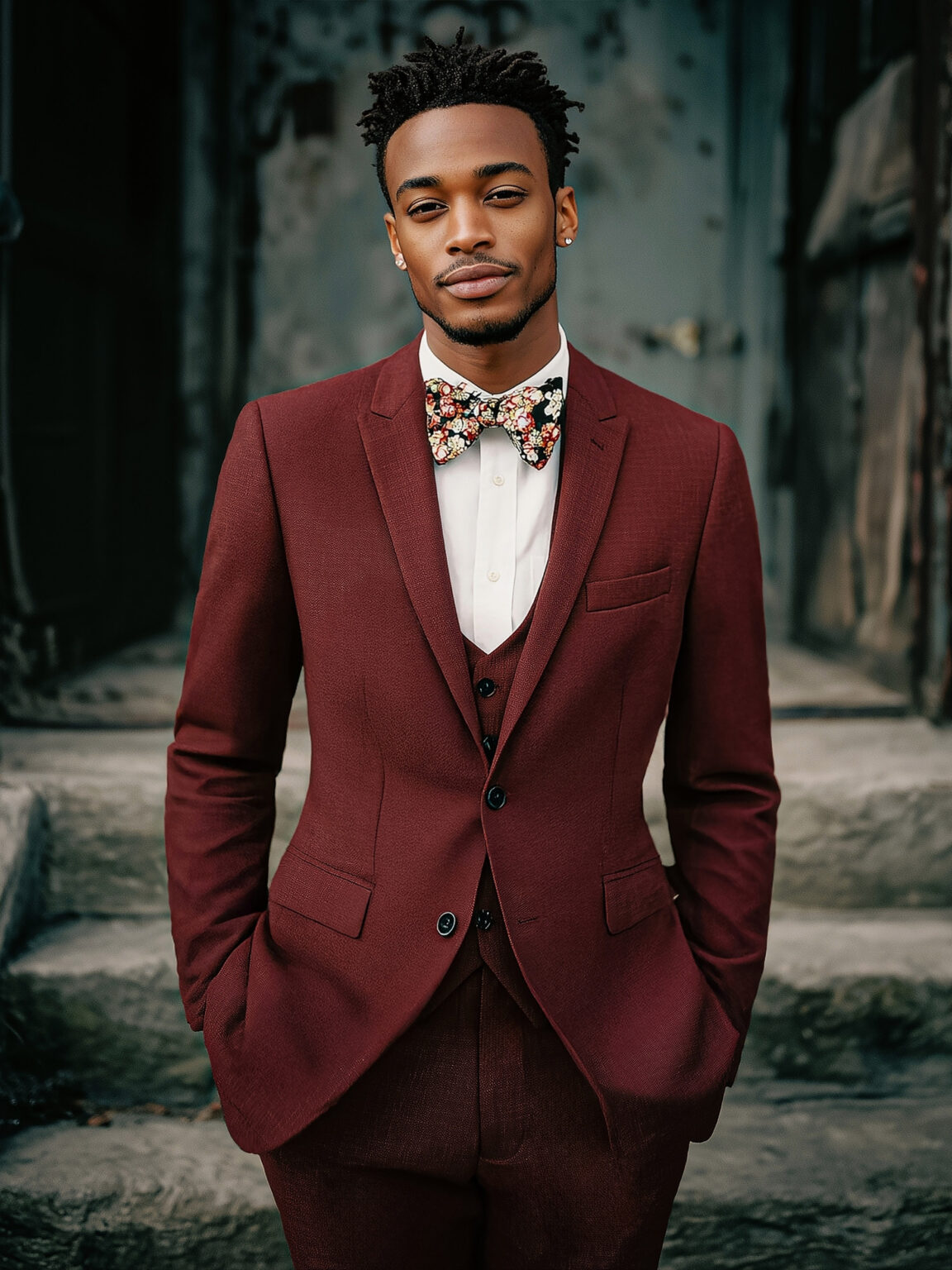 Marié en costume bordeaux homme.