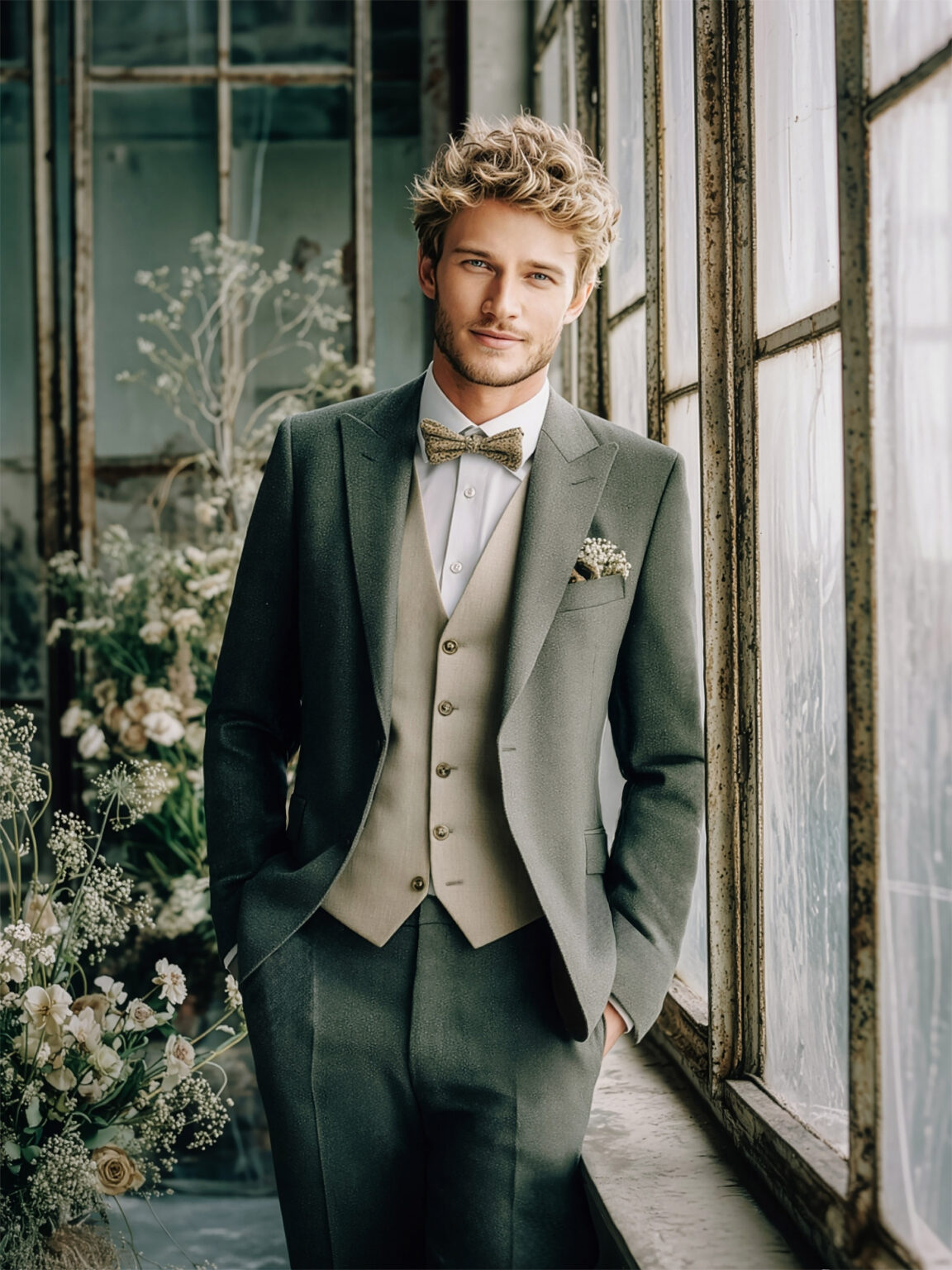 Costume vert gris homme avec gilet beige.