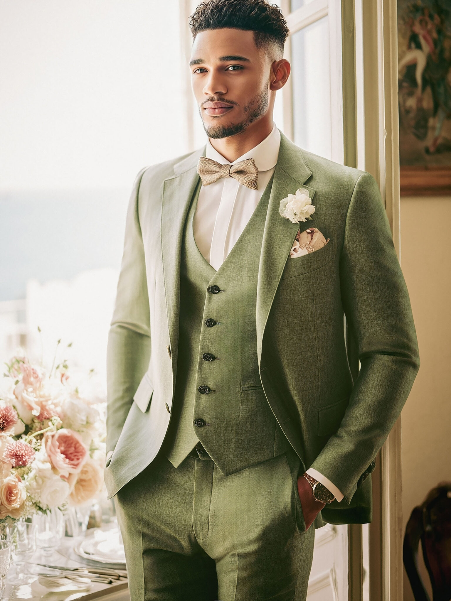 Homme en costume trois pièces vert prairie dans un décor floral.