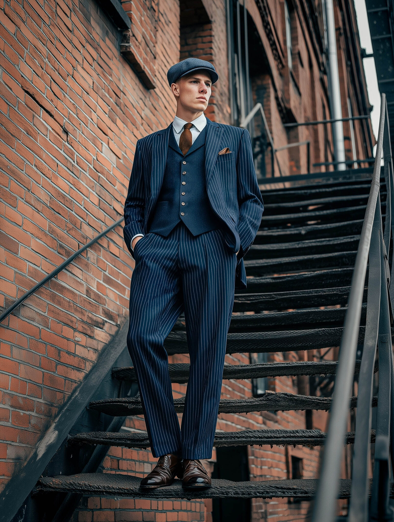 Homme en costume bleu à rayures style mariage.