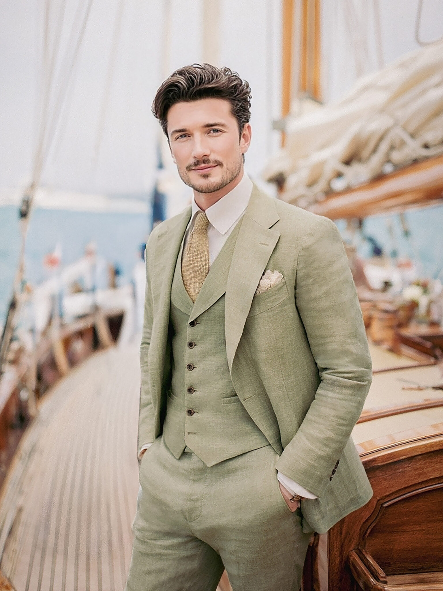 Homme en costume 3 pièces lin vert clair posé sur un bateau.