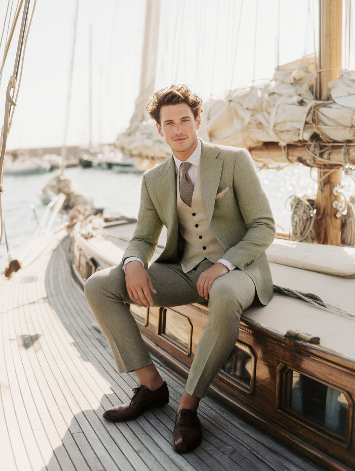 Homme assis sur un pont de voilier portant un costume vert sauge avec gilet beige.