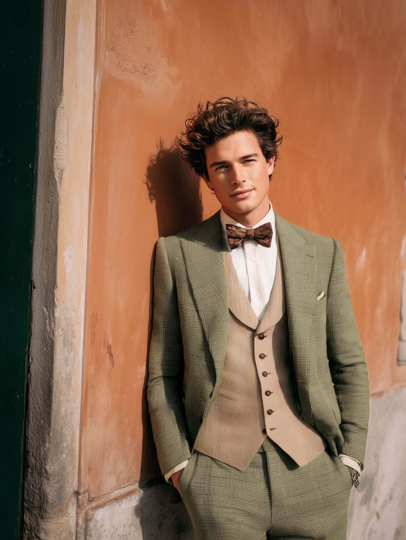 Homme en costume vert gris avec gilet beige adossé à un mur.