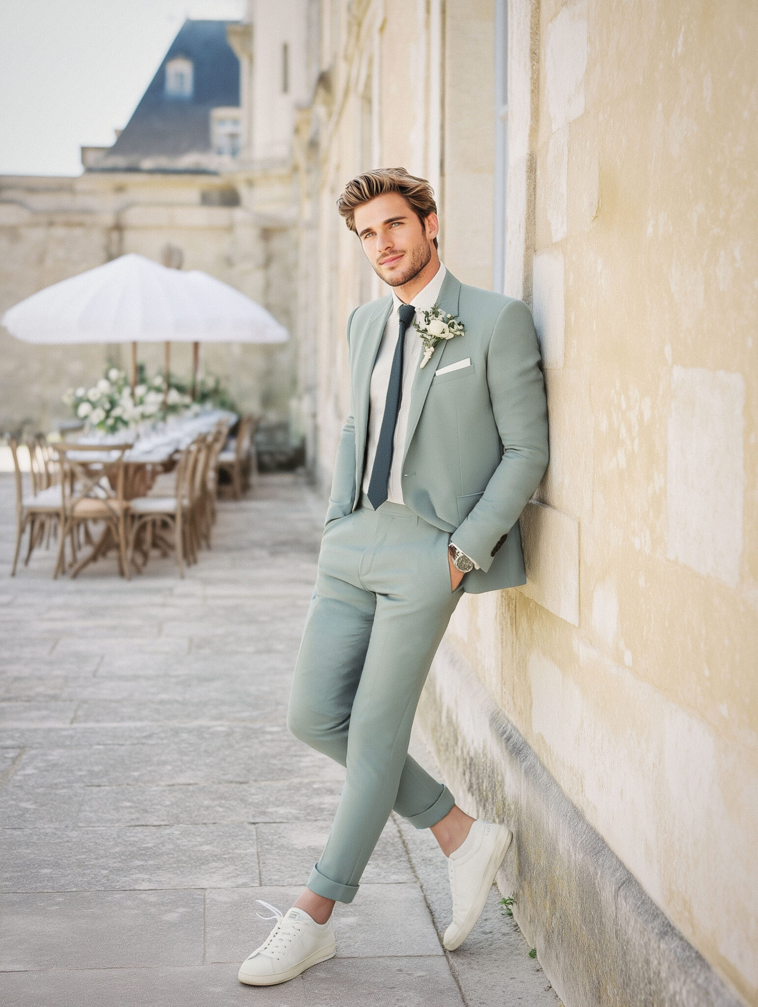 Homme en costume deux pièces vert d’eau style mariage.