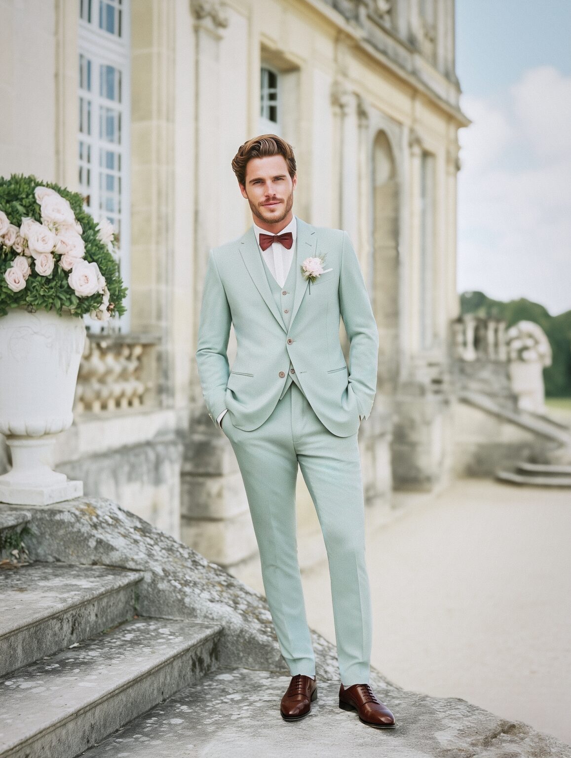Homme portant un costume vert d’eau trois pièces.