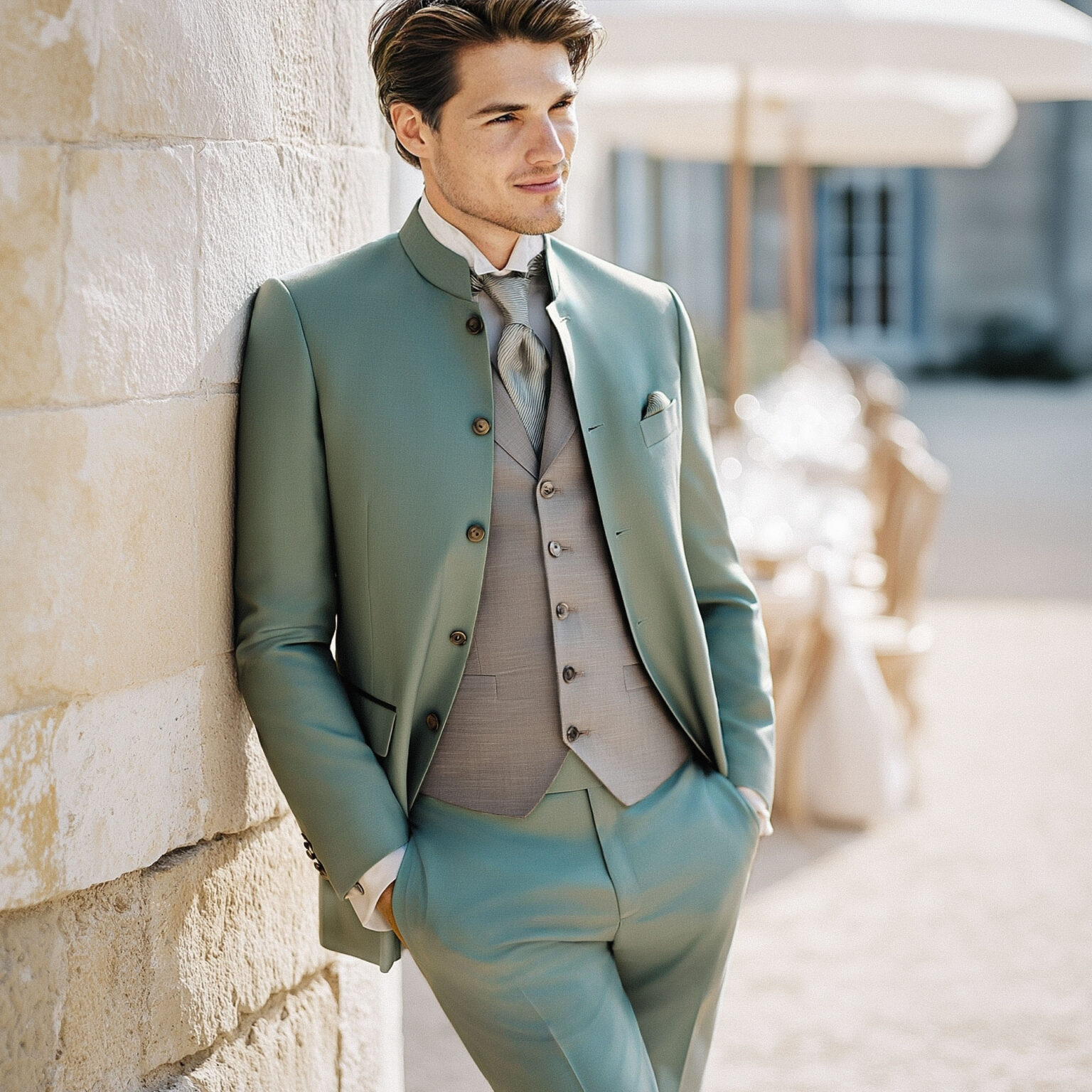 Veste col mao vert d'eau avec gilet marron clair - Chris von Martial