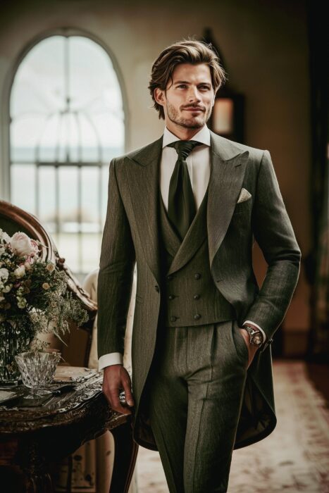 Homme en jaquette vert olive dans une décor élégant.