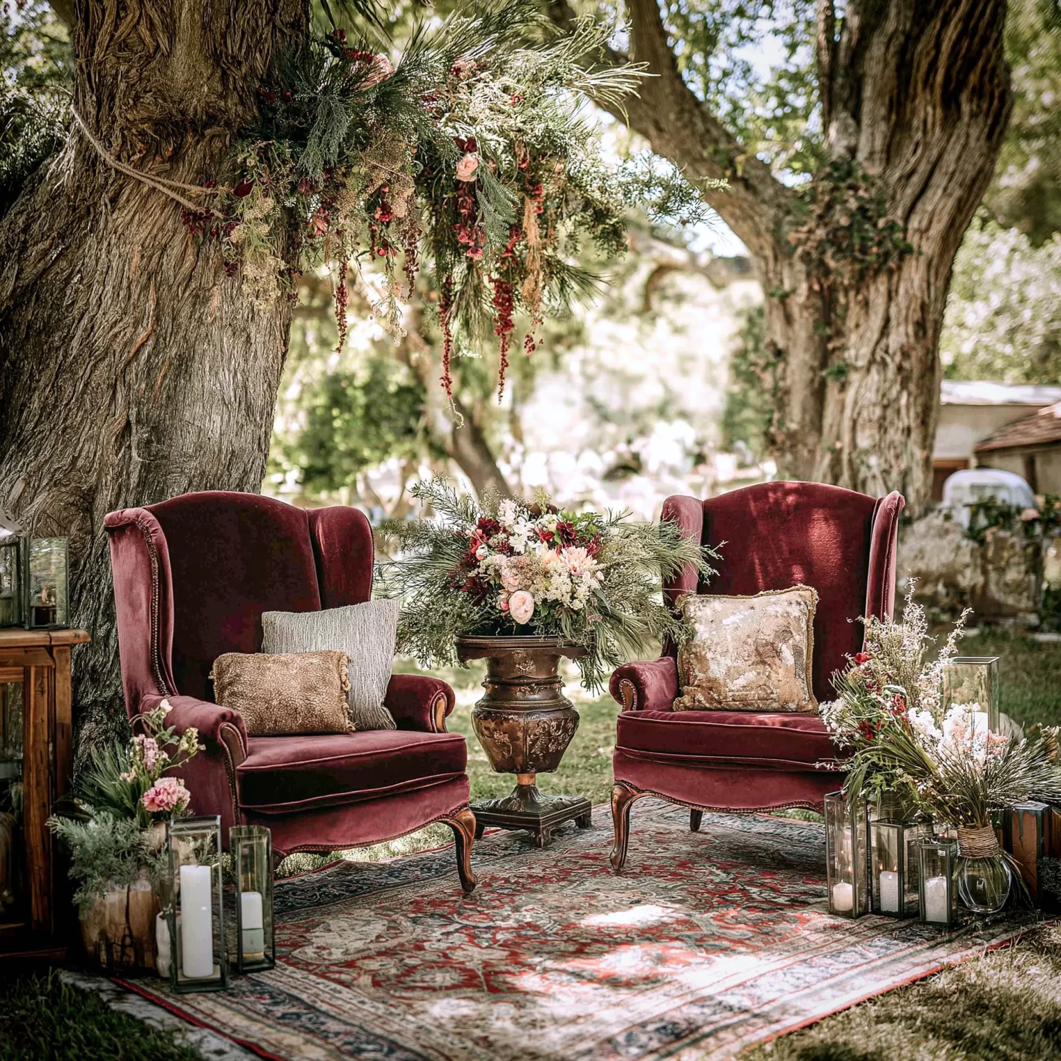 Espace lounge pour mariage bohème en extérieur.