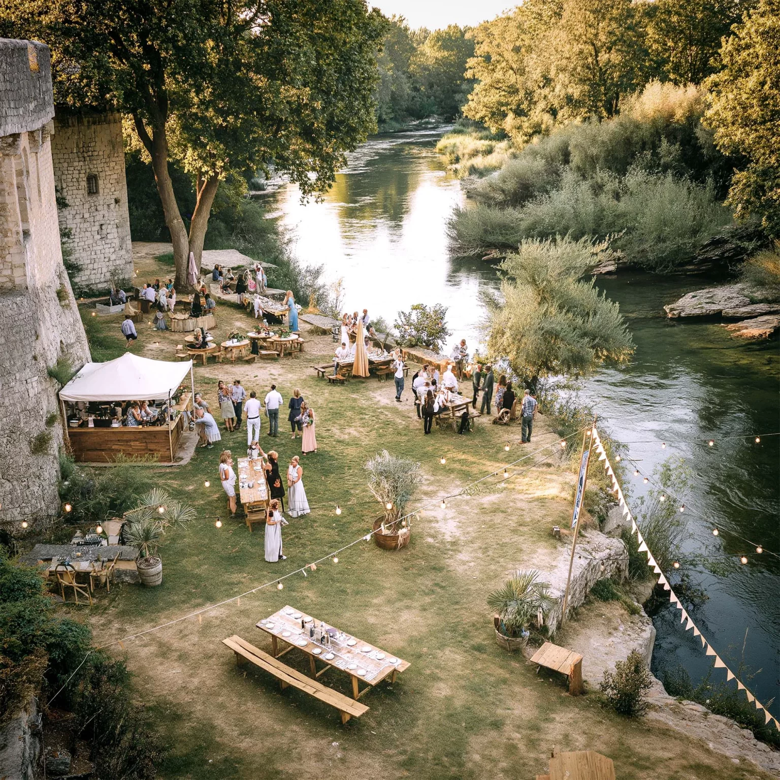 Vue d'ensemble d'un mariage champêtre en extérieur