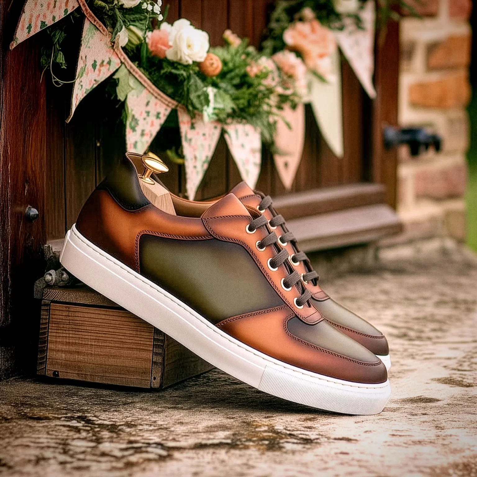 Baskets homme cognac et vert portées avec une tenue de mariage
