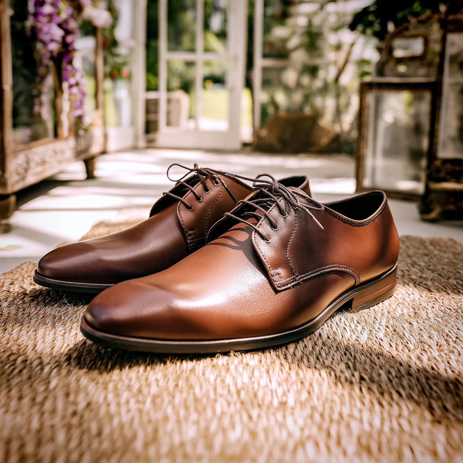 Chaussures de mariage en cuir marron pour homme.