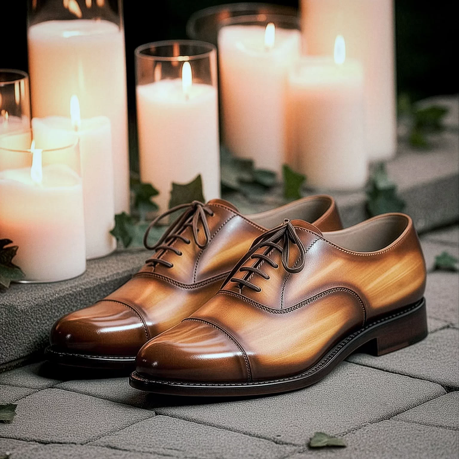 Chaussures patinées pour costume de mariage homme.
