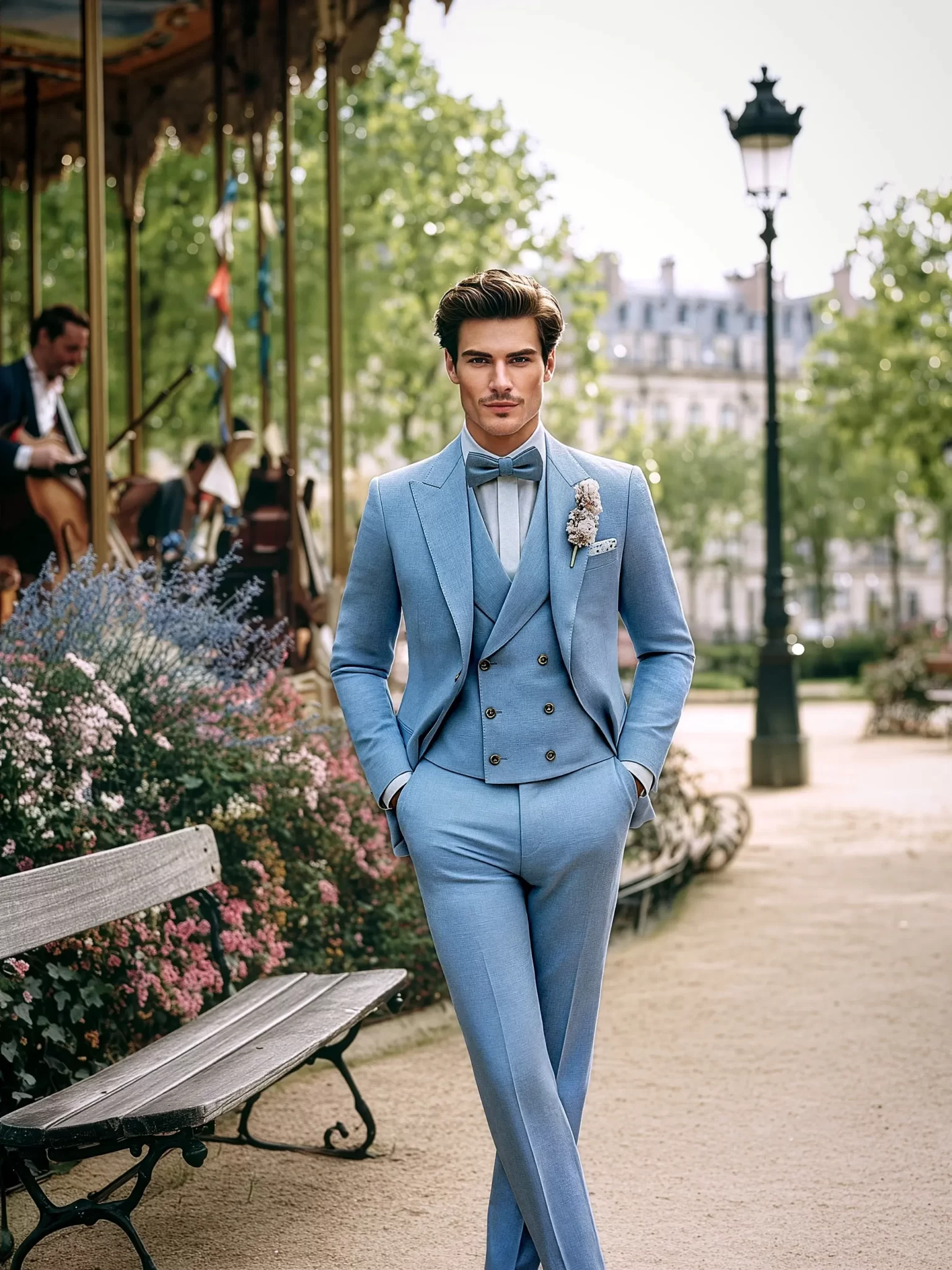 Costume de mariage bleu clair pour homme avec noeud papillon