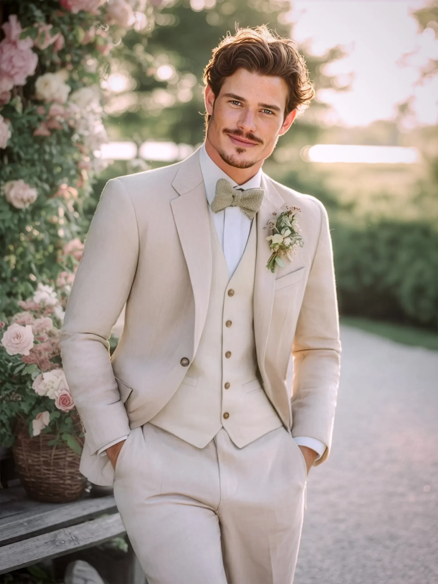 Costume de mariage beige clair pour homme.