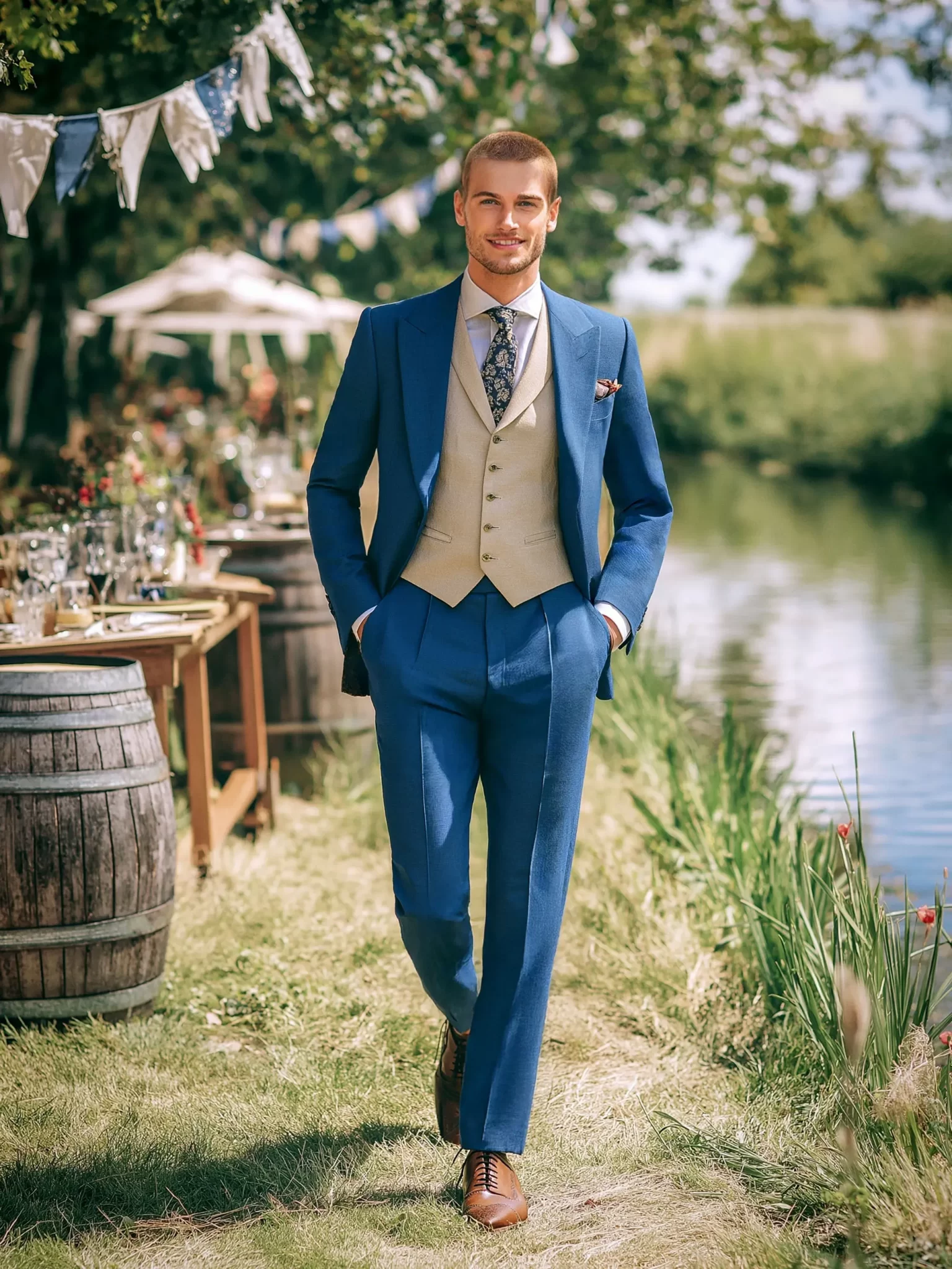 Costume champêtre bleu pour homme lors d'un mariage en extérieur