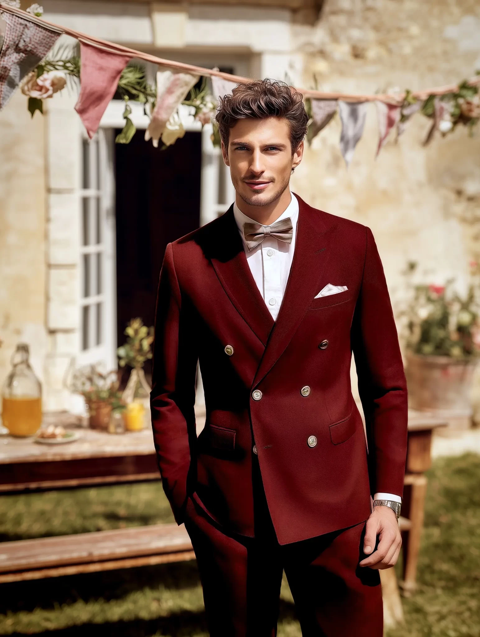 Costume de mariage bordeaux croisé pour homme