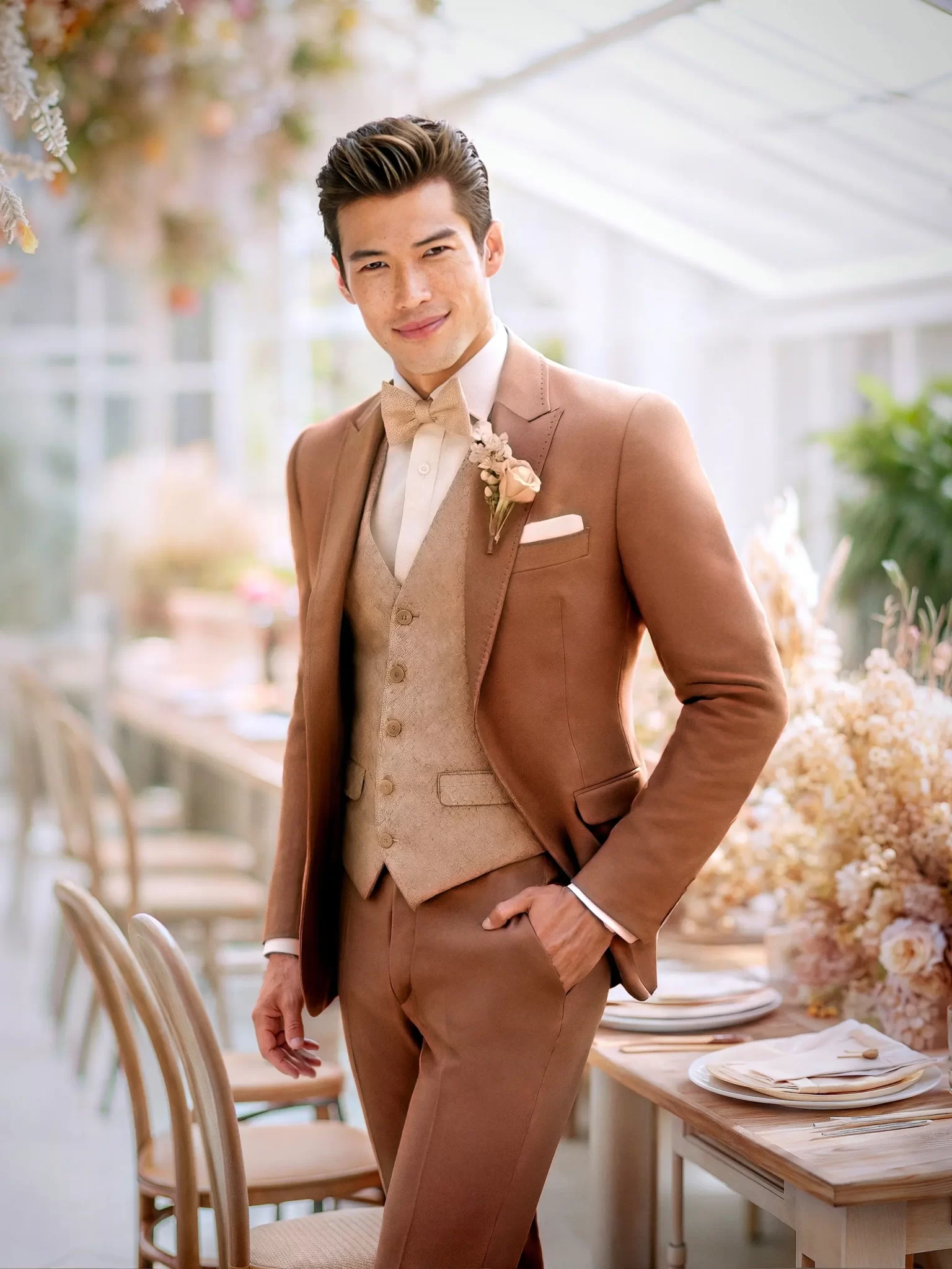 Costume de mariage orange pastel pour homme