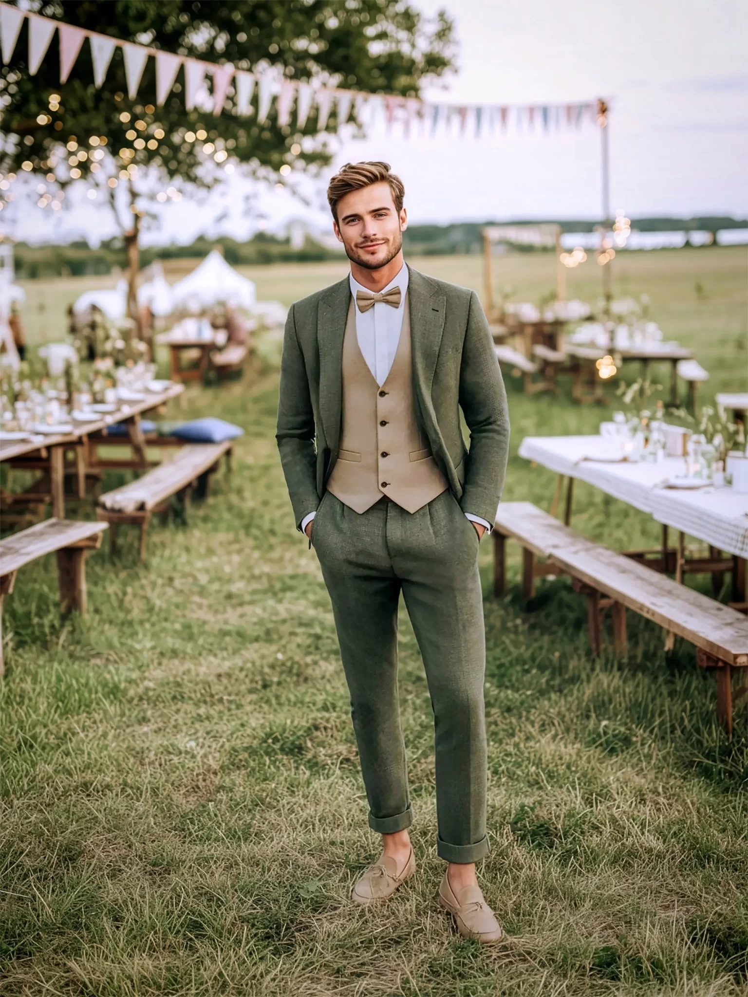 Costume de mariage vert olive pour homme avec gilet beige