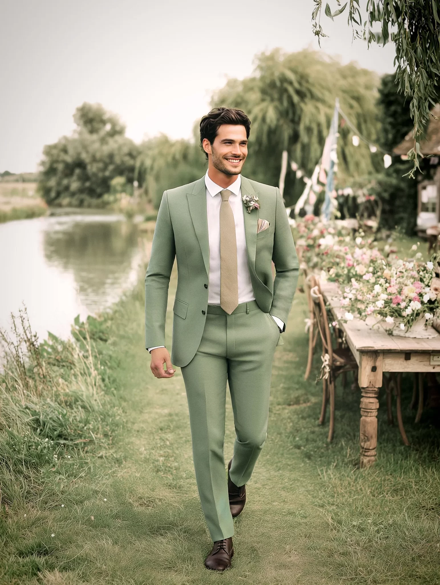 Costume de mariage champêtre vert prairie pour homme