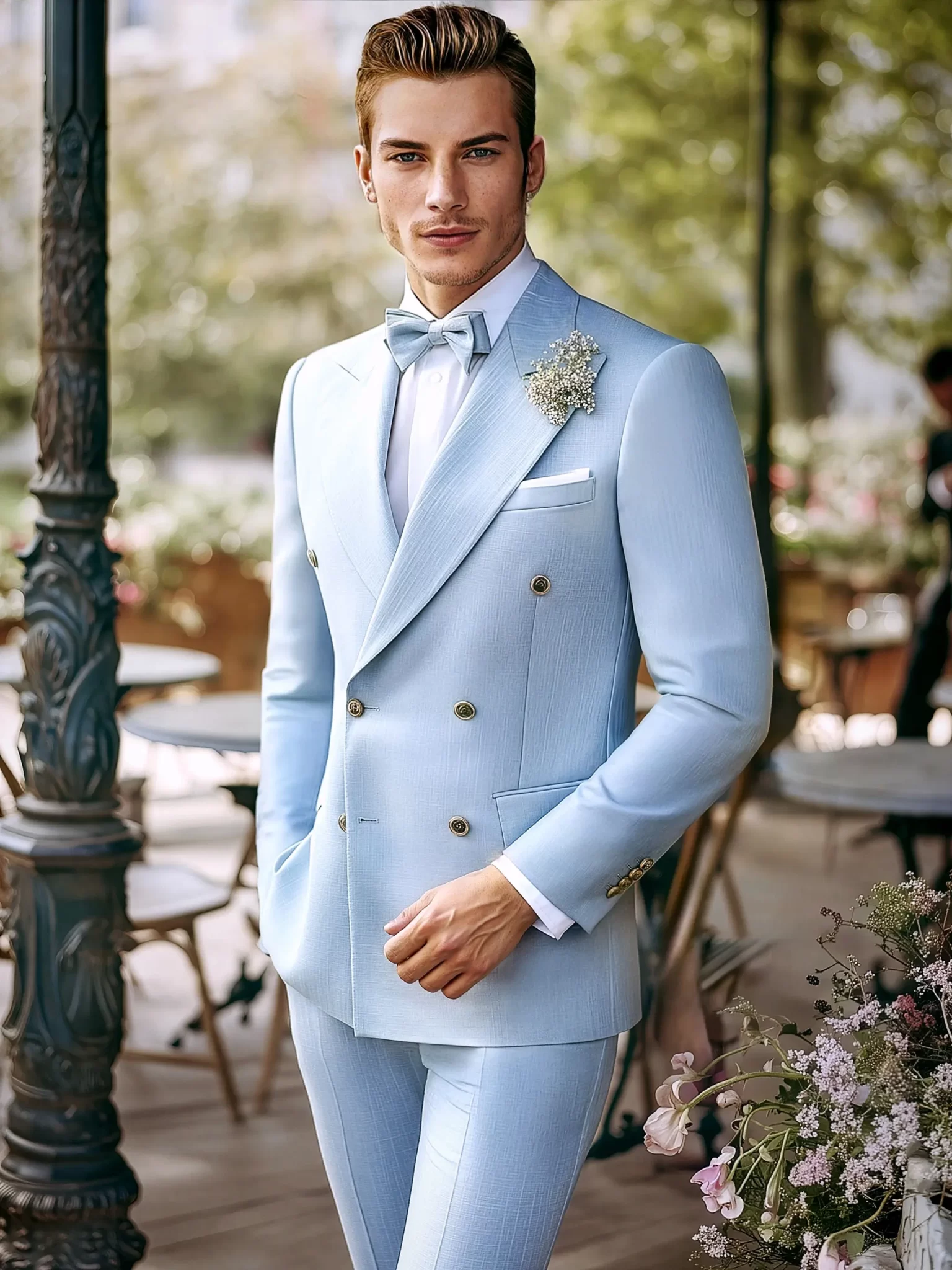 Costume de mariage champêtre bleu clair pour homme