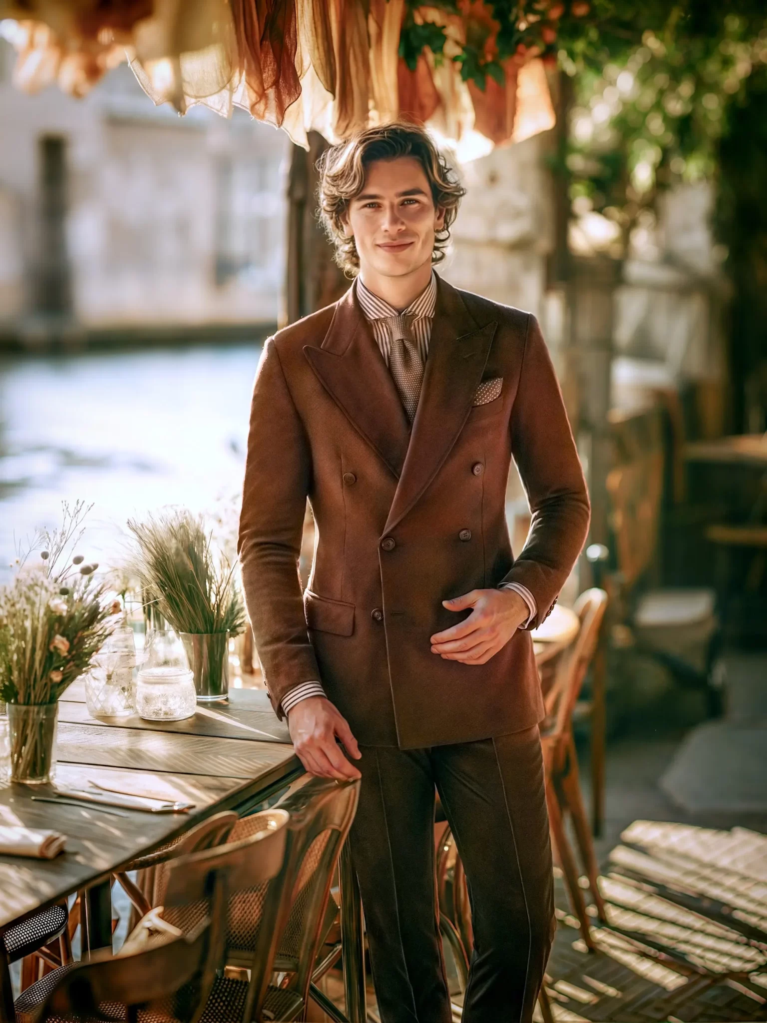 Costume croisé marron pour mariage homme