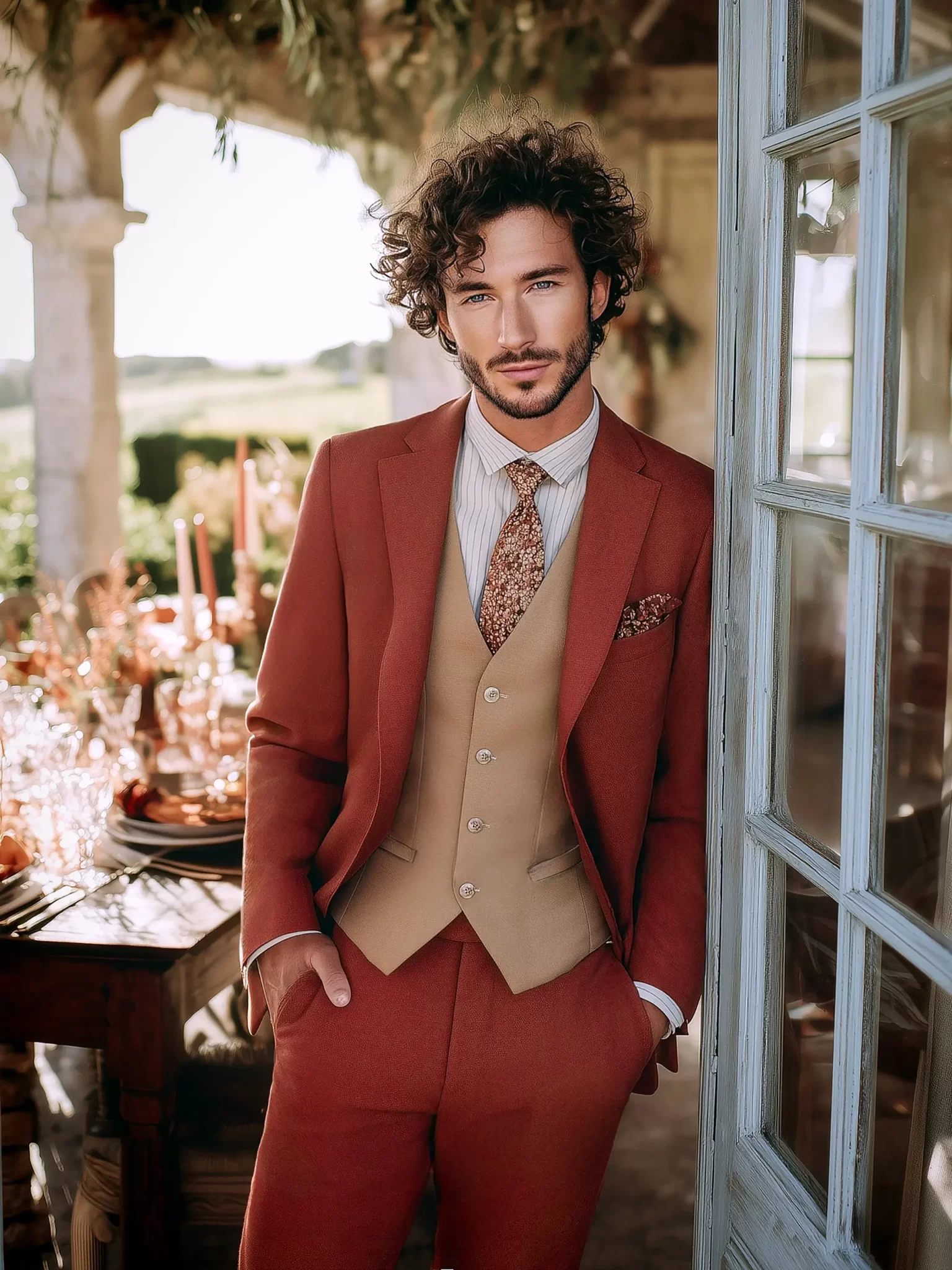 Costume de mariage rouge et beige pour homme